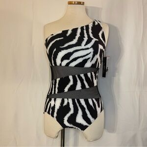 Carmen Marc Valvo Swimsuit Womens 12 One Piece One Shoulder Black & White NWT